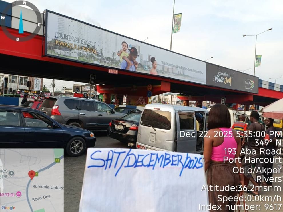 Bridge Panel billboard at Port Harcourt–Aba Road, Rumuola Junction, beside Emeralds Hotel, Port Harcourt